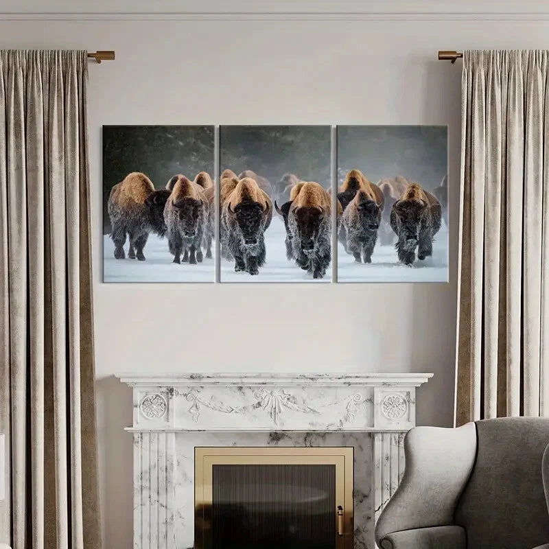 3pcs Winter Bison Herd Snow Landscape Photography Metal Print Ready to Hang Art