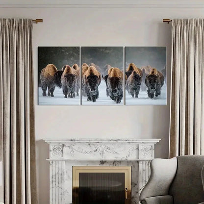 3pcs Winter Bison Herd Snow Landscape Photography Metal Print Ready to Hang Art