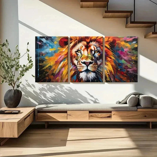 3pcs Lion in a Vintage Watercolor Style Wall Art Set Canvas Framed 40x60cm - High Quality Print 100% Australian Made Wall Canvas Ready to Hang