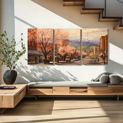 3pcs Spring Townscape with Snowy Mountain Metal Print Ready to Hang Art