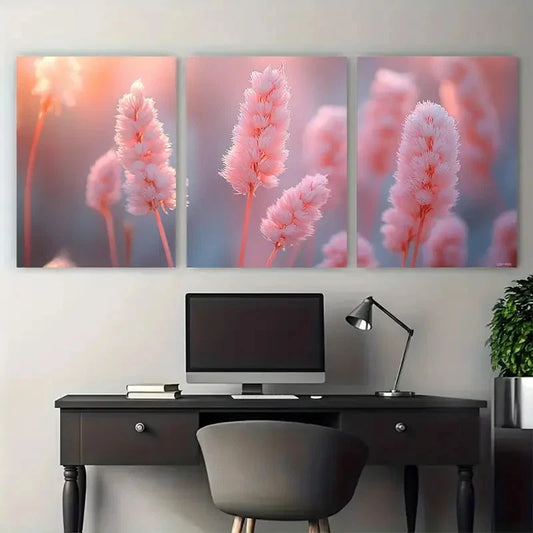 3pcs Minimalist Pastel Pink Cattails Wall Art Set Canvas Framed 40x60cm - High Quality Print 100% Australian Made Wall Canvas Ready to Hang