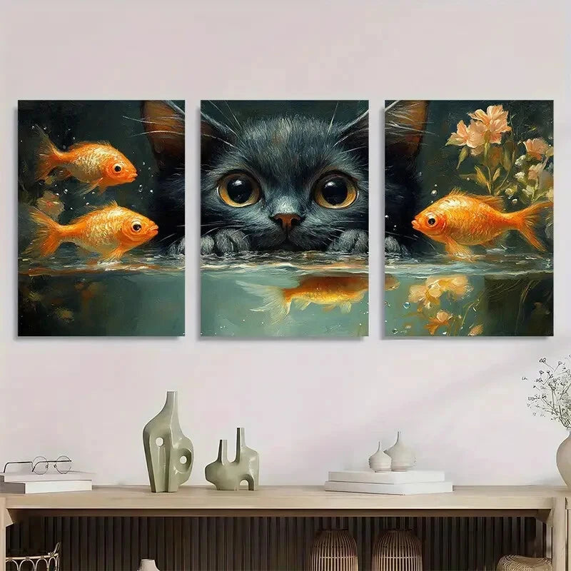 3pcs Black Cat with Golden Fish Underwater Metal Print Ready to Hang Art