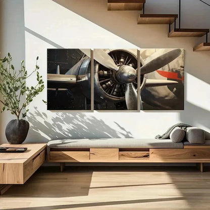 3pcs Airplane Propeller Engine Vintage Wall Art Set Canvas Framed 60x90cm - High Quality Print 100% Australian Made Wall Canvas Ready to Hang