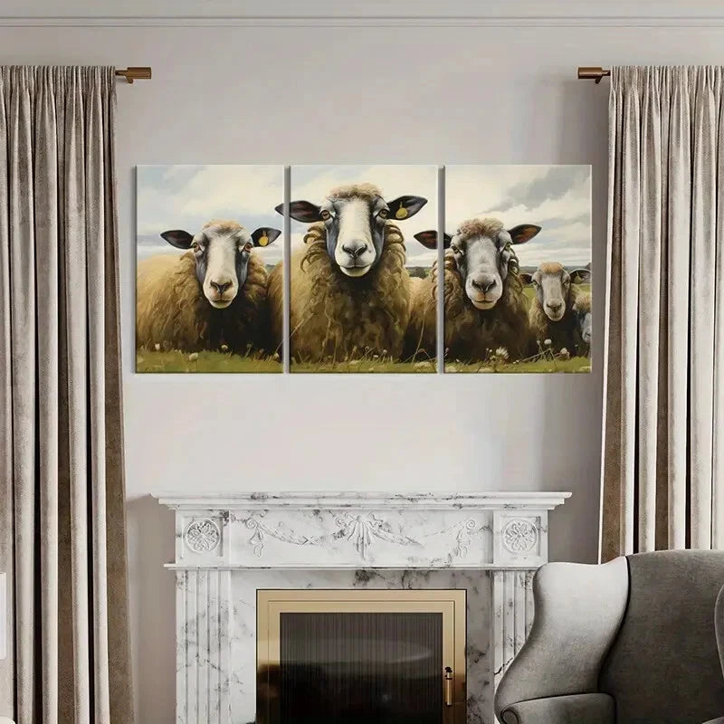 3pcs Sheep Pastoral Scene Farmhouse Art Metal Print Ready to Hang Art