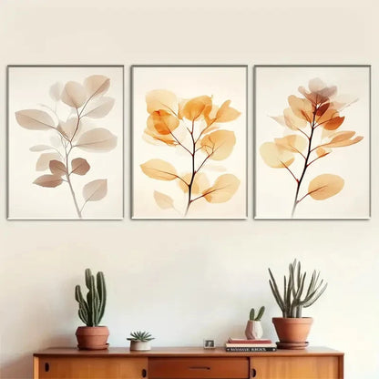 3pcs Decorative Soft-Toned Plant Leaves Metal Print Ready to Hang Art