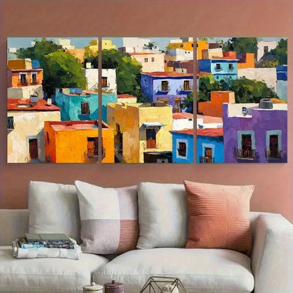 3pcs Vibrant Mexico Cityscape Bright Houses Metal Print Ready to Hang Art