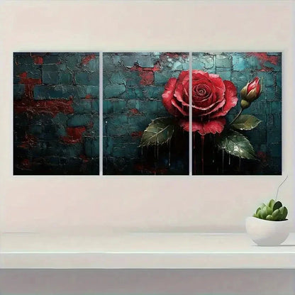 3pcs Bright Red Roses & Green Leaves Metal Print Ready to Hang Art