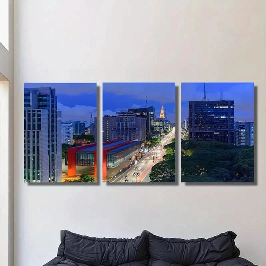 3pcs Paulista Avenue, city night scene, Metal Print Ready to Hang Art