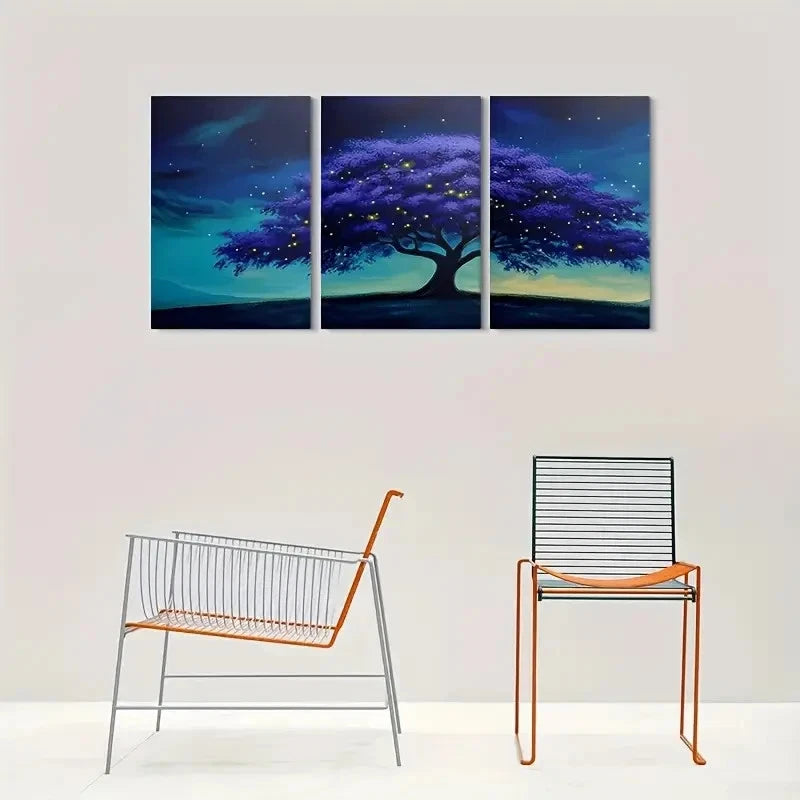 3pcs Night Tree Glowing Stars Landscape Metal Print Ready to Hang Art