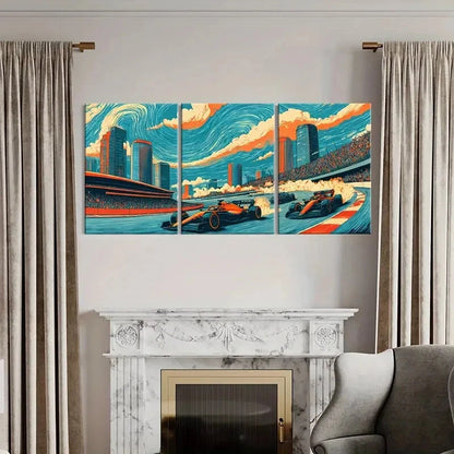 3pcs Vibrant Formula One Cars Cityscape Skyline Metal Print Ready to Hang Art