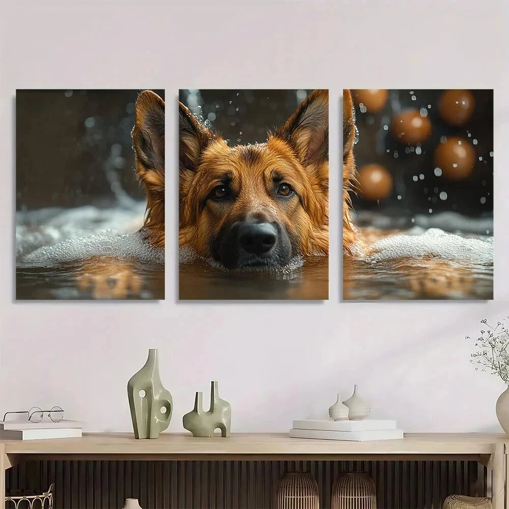 3pcs German Shepherd Dog Bath Golden Balls Metal Print Ready to Hang Art