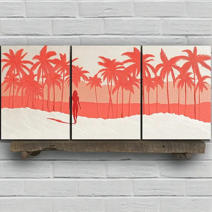 3pcs Red Coconut Trees Beach Scene Figure Metal Print Ready to Hang Art