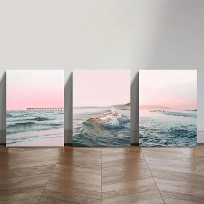 3pcs Soft Waves Pink Sky & Ocean Scenery Metal Print Ready to Hang Art