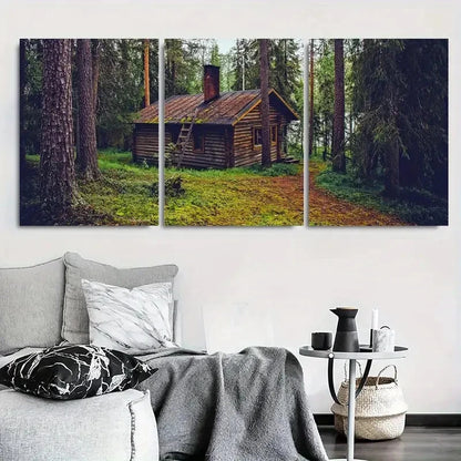 3pcs House Surrounded by Tall Pine Trees Metal Print Ready to Hang Art