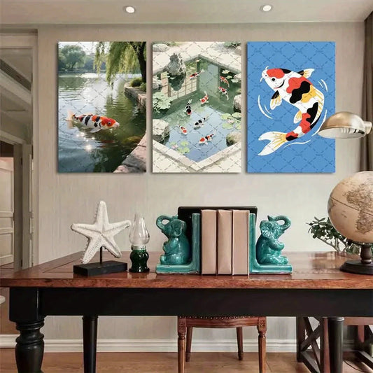 3pcs Abstract Green & Beige Modern Cubist Metal Print Ready to Hang Art