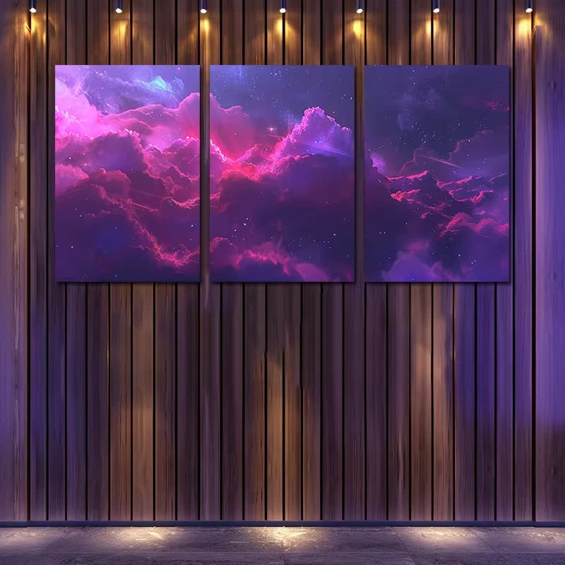 3pcs Vibrant Nebula with Red & Pink Glow Wall Art Set Canvas Framed 60x90cm - High Quality Print 100% Australian Made Wall Canvas Ready to Hang
