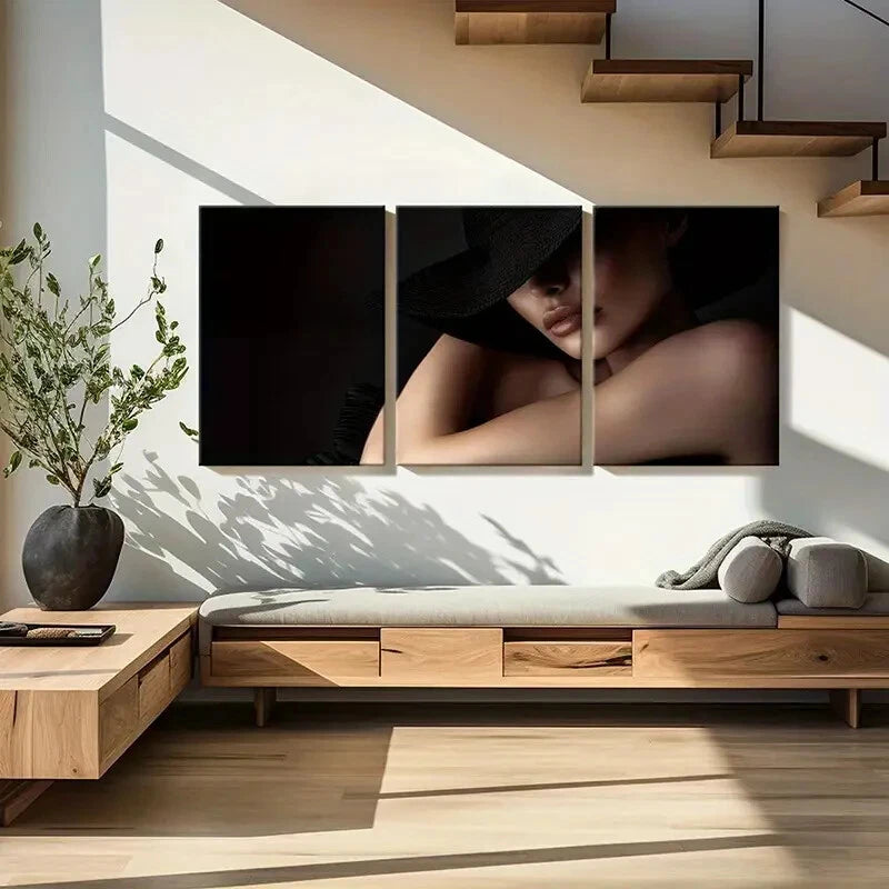 3pcs Mysterious Fashion Elegant Woman Black Hat Metal Print Ready to Hang Art