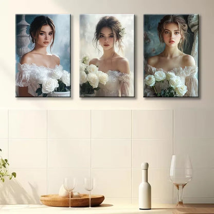 3pcs Elegant Girl with Bouquet Wall Art Set Canvas Framed 60x90cm - High Quality Print 100% Australian Made Wall Canvas Ready to Hang