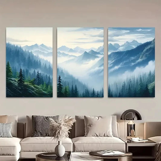3pcs Majestic Emerald Green Mountain Forest Metal Print Ready to Hang Art