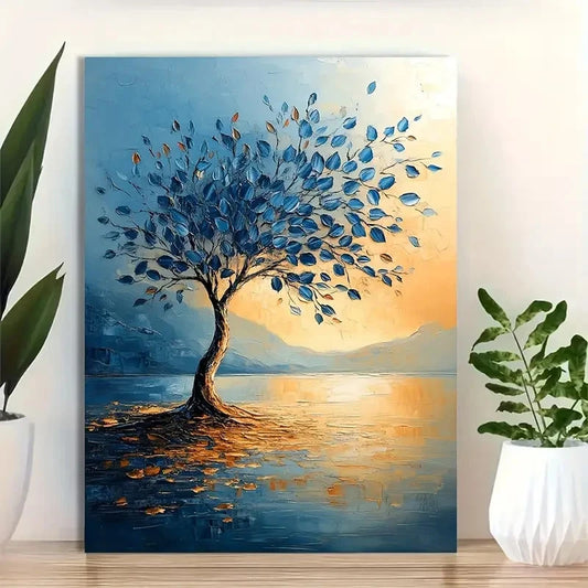Beautiful Triple Sparse Blue Leaf Tree Painting 40x60cm Metal Print Ready to Hang