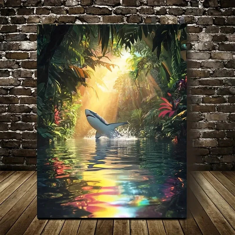 Vibrant Jungle Shark Scene with Rainbow Painting 40x60cm Metal Print Ready to Hang