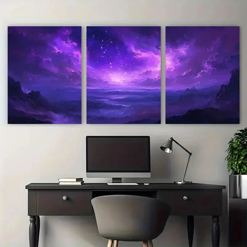 3pcs Elegant 'Starry Dreams' Abstract Purple Sky Wall Art Set Canvas Framed 50x70cm - High Quality Print 100% Australian Made Wall Canvas Ready to Hang