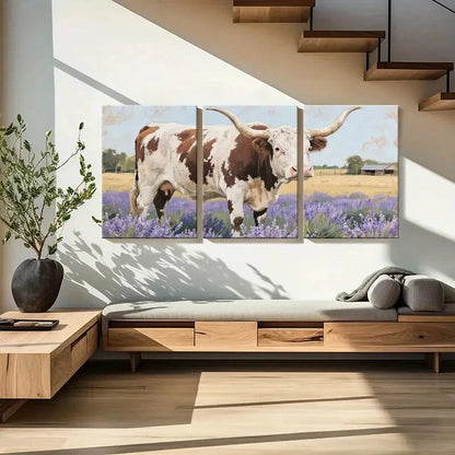 3pcs Pastoral Texas Longhorn Cow Purple Flowers Metal Print Ready to Hang Art