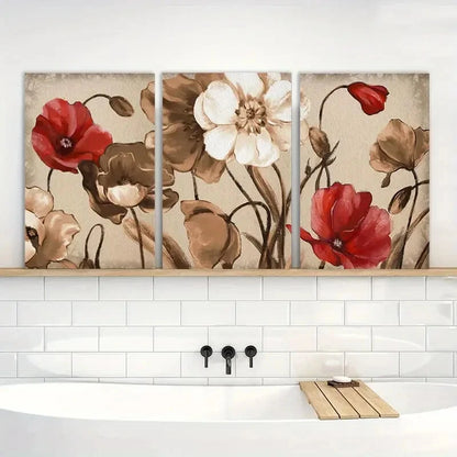 3pcs Vintage Floral Brown & Red Flowers Metal Print Ready to Hang Art