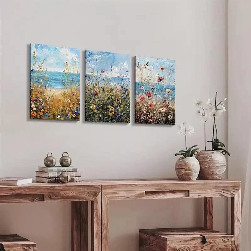 3pcs Wildflower & Ocean Beach  Wall Art Set Canvas Framed 50x70cm - High Quality Print 100% Australian Made Wall Canvas Ready to Hang - Bella Home Decor