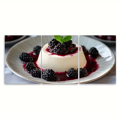 3pcs Vanilla Panna Cotta Dessert with Blackberry Metal Print Ready to Hang Art