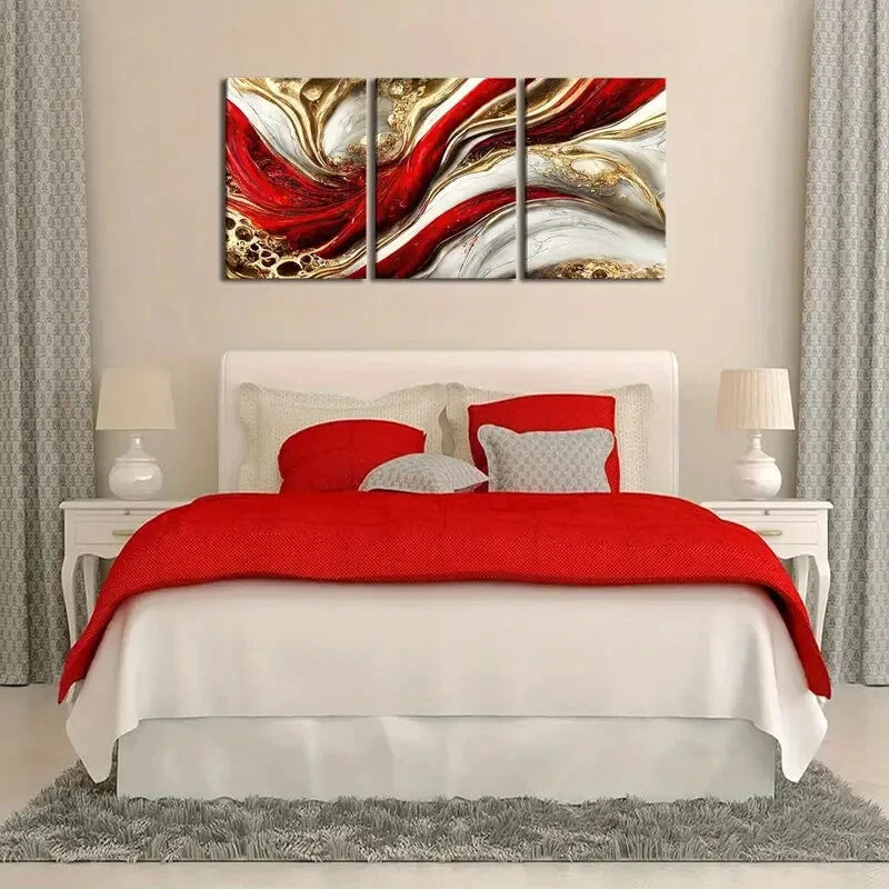 3pcs Red and Gold Plated, Modern Metal Print Ready to Hang Art