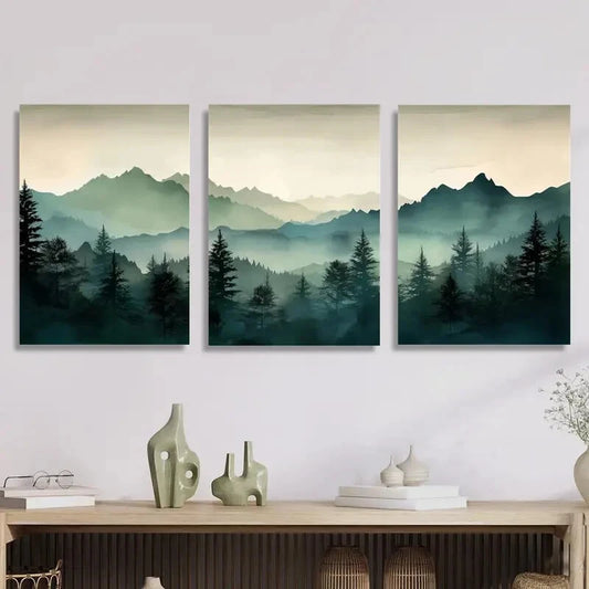 3pcs Abstract Watercolor Green Mountain Landscape Metal Print Ready to Hang Art