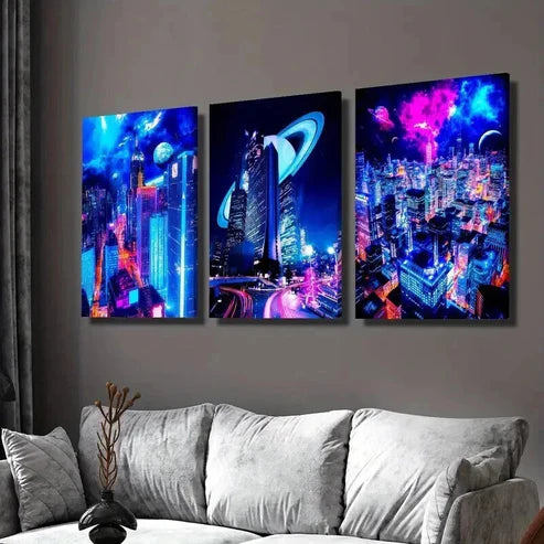3pcs Sci-Fi City Night Scene with Neon Colors Wall Art Set Canvas Unframed - High Quality Print 100% Australian Made Wall Canvas