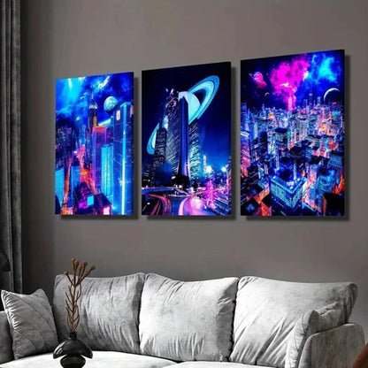 3pcs Sci-Fi City Night Scene with Neon Colors Wall Art Set Canvas Unframed - High Quality Print 100% Australian Made Wall Canvas
