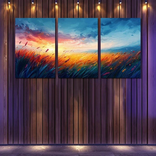 3pcs Vibrant Sunset Over a Field of Tall Grass Metal Print Ready to Hang Art