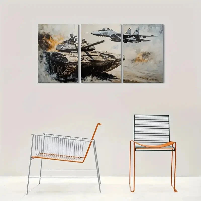 3pcs Warfare Trilogy Tank Fighter Jet Metal Print Ready to Hang Art