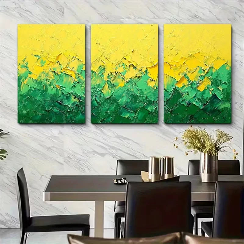 3pcs Abstract Thick Textured Yellow Green Painting Metal Print Ready to Hang Art
