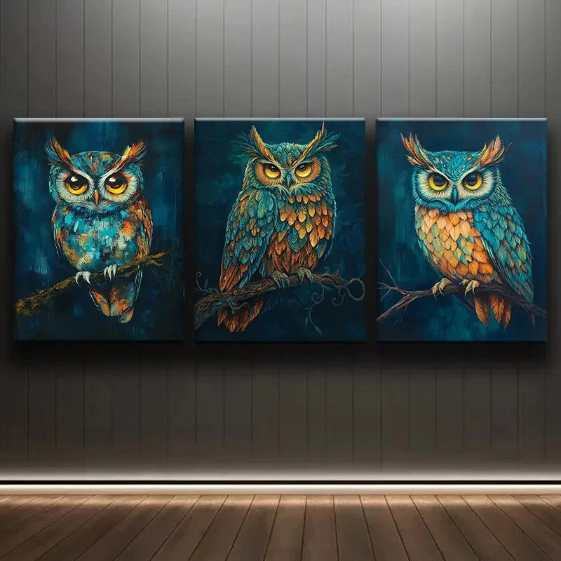 3pcs Vibrant Owl Contemporary Style Metal Print Ready to Hang Art