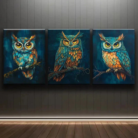 3pcs Vibrant Owl Contemporary Style Metal Print Ready to Hang Art