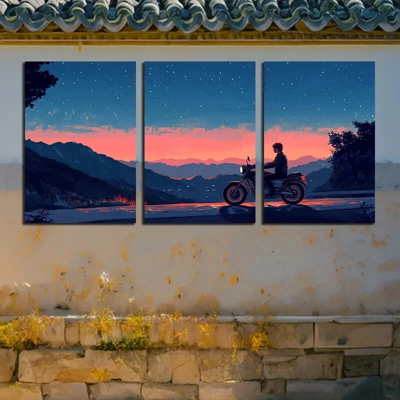 3pcs Modern Motorcycle Rider Scenery Metal Print Ready to Hang Art