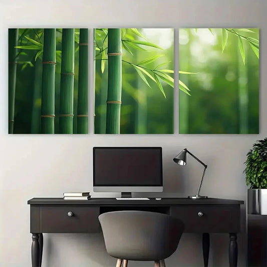 3pcs Vibrant Green Bamboo Nature Illustration Wall Art Set Canvas Framed 40x60cm - High Quality Print 100% Australian Made Wall Canvas Ready to Hang