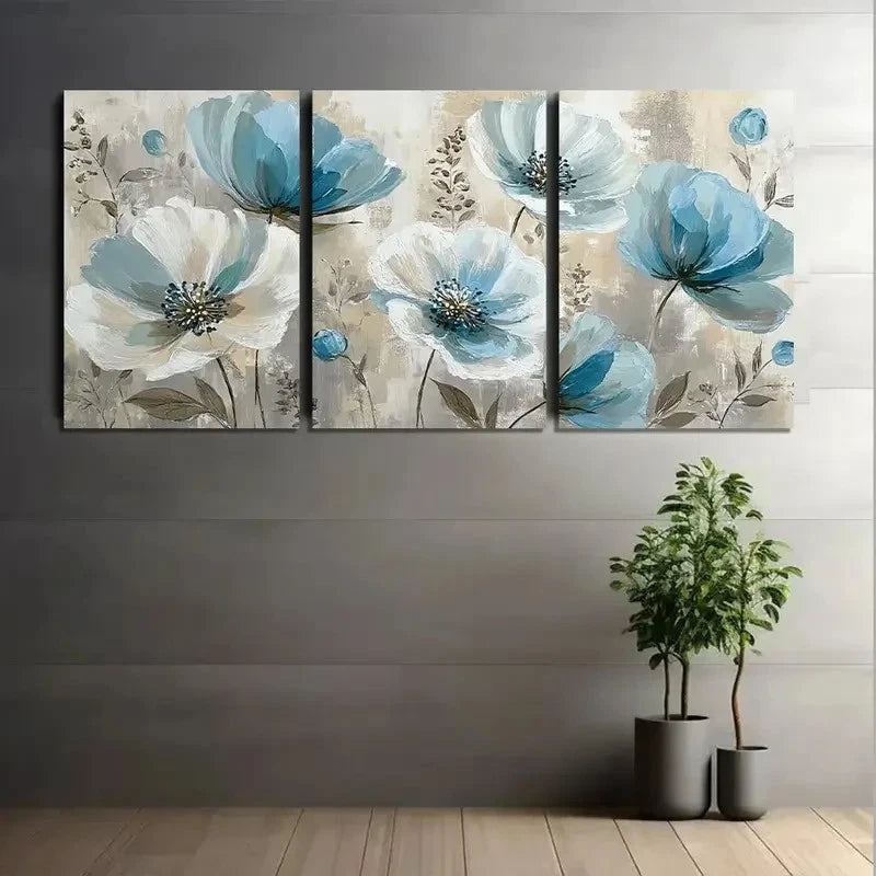 3pcs Watercolor Light Blue and White Flowers Metal Print Ready to Hang Art
