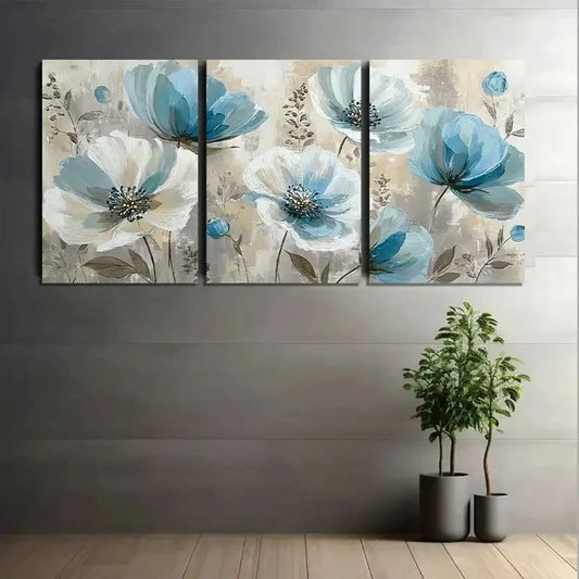 3pcs Watercolor Light Blue and White Flowers Metal Print Ready to Hang Art
