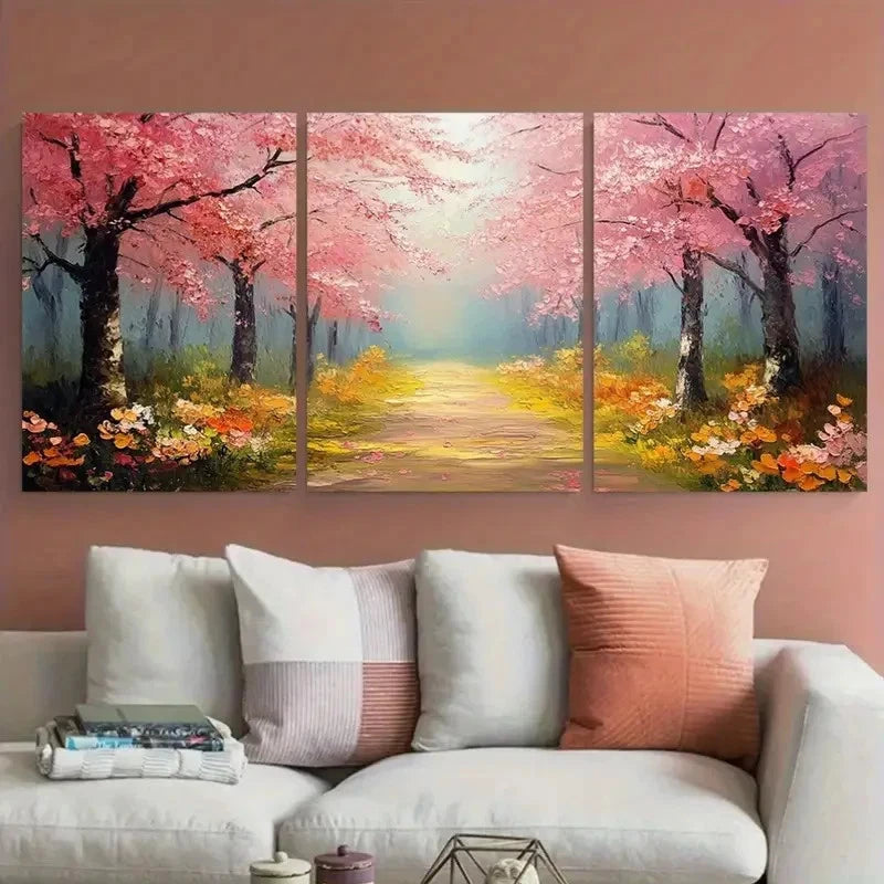 3pcs Park Path with Wildflower Cherry Blossom Tree Metal Print Ready to Hang Art