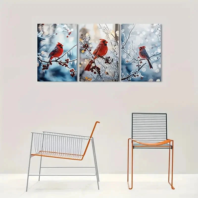 3pcs Cardinal Birds Snowy Berries & Goldenrod Metal Print Ready to Hang Art