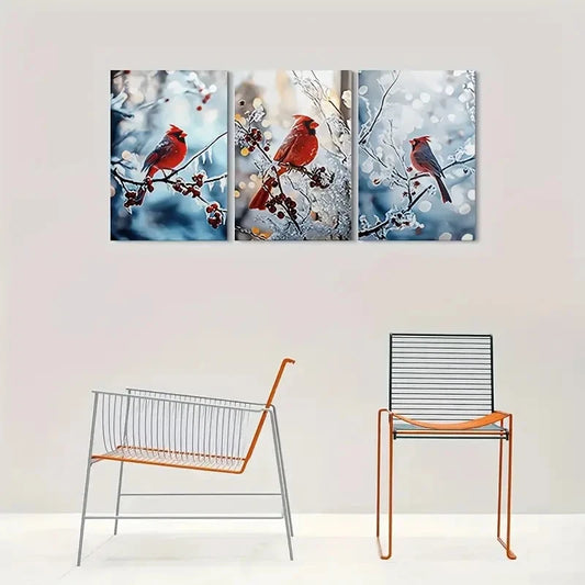 3pcs Cardinal Birds Snowy Berries & Goldenrod Metal Print Ready to Hang Art