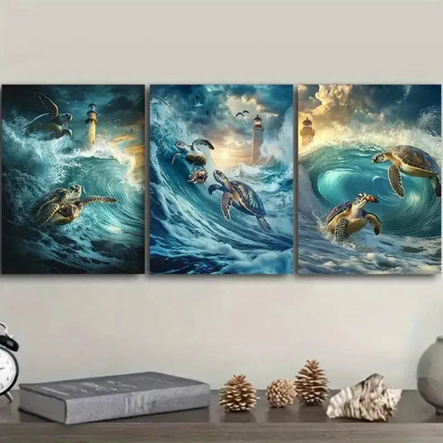 3pcs Two Turtles Surfing, Luxurious Wall Art Set Canvas Unframed – High Quality Print, 100% Australian Made Wall Canvas