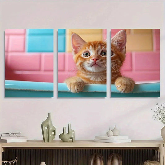 3pcs Cute Cat Funny Pet Animal Painting Metal Print Ready to Hang Art