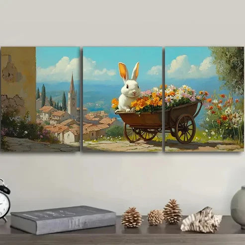 3pcs Featuring a Rabbit with a Wheelbarrow Wall Art Set Canvas Unframed - High Quality Print 100% Australian Made Wall Canvas