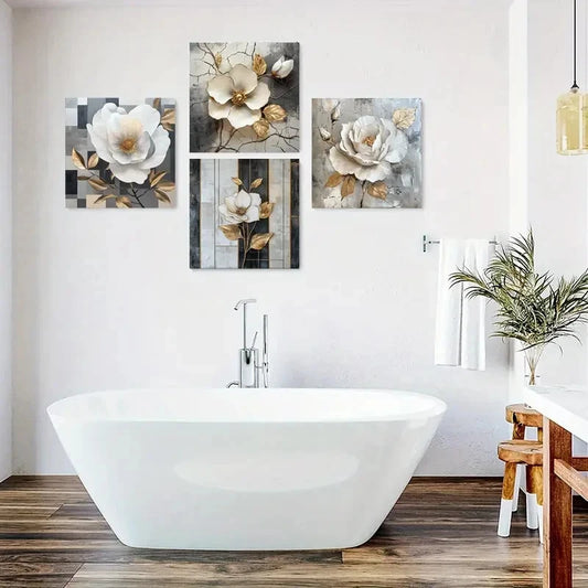 4pcs White Poster, Golden Art Prints Wall Art Canvas Framed